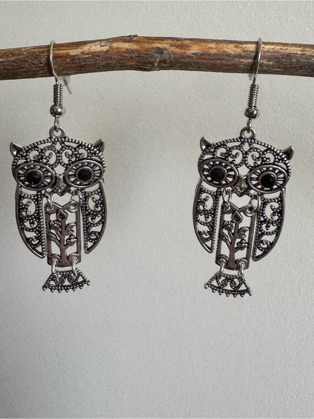 Silver Tone Owl Dangle Earrings Black Crystal Eyes Boho Vintage Style